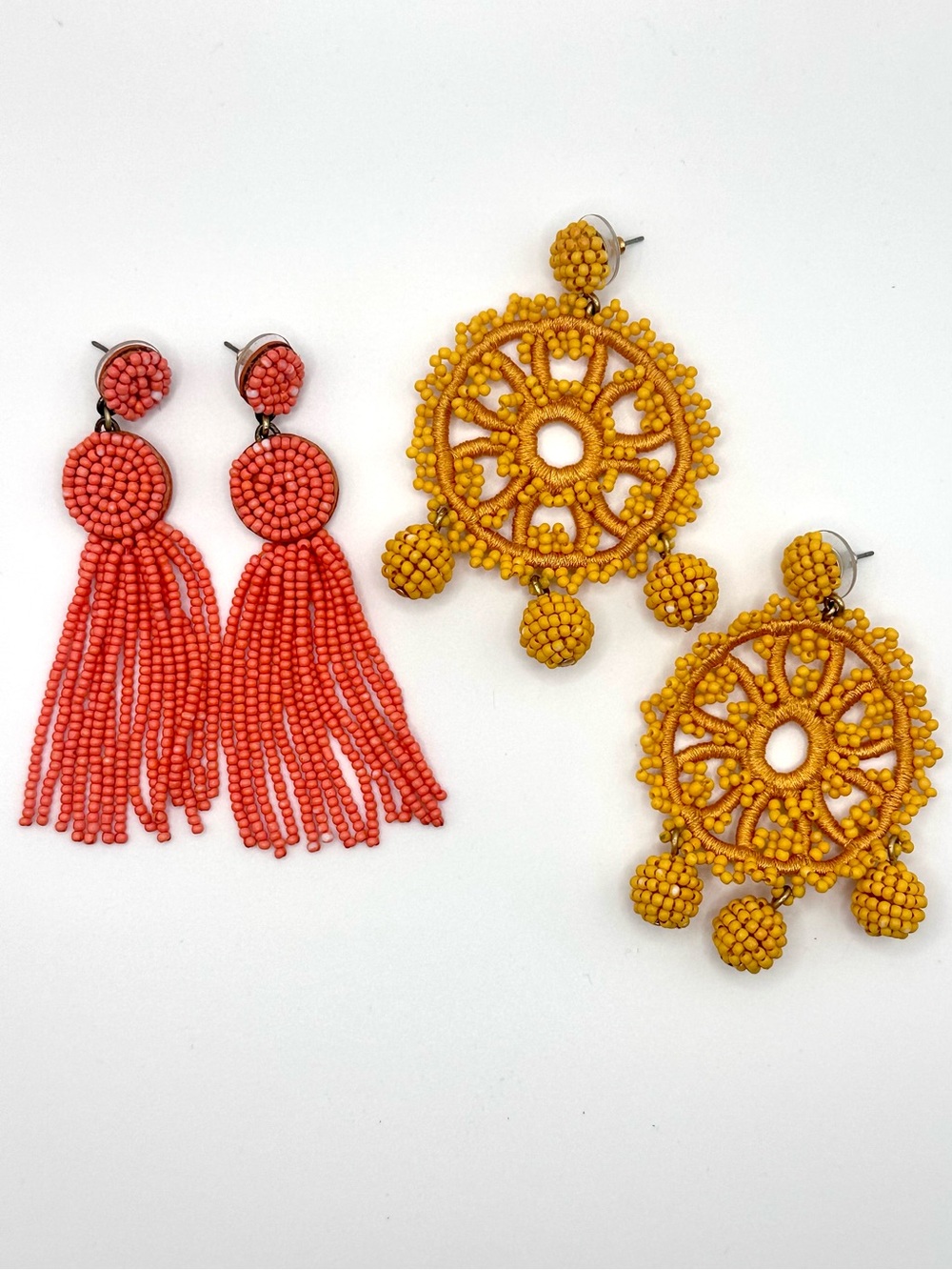Set of 2 J. Crew Beaded Dangle Earrings - Coral & Yellow Seed Beads Summer Beach